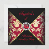 ZIZZAGO DESIGN Fabulous 50 Red Gold Damask Party Kaart (Voorkant)