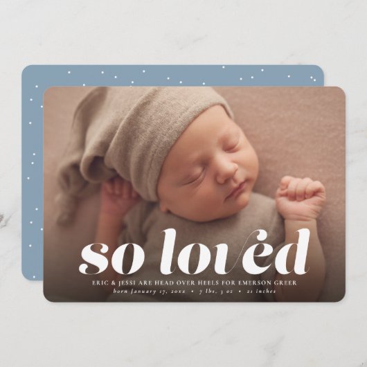 Zo geliefd Valentijnsdag foto blauwe geboorte Aankondiging (Voorkant / Achterkant)