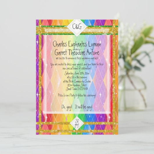 ZO homo! Regenboog Argyle, Glitter Monogram Trouw Kaart (Staand voorkant)