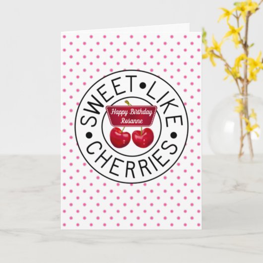 ZOALS CHERRIES Retro  Stamp Birthday Kaart (Gele Bloem)