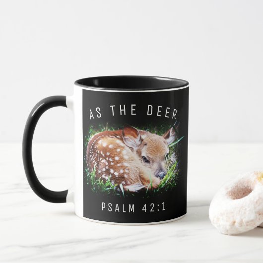 Zoals de herten Psalm 42:1 Baby Fawn Bijbelvers Mok (Met donut)