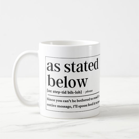 Zoals hieronder vermeld, grappige definitie koffiemok (Links)