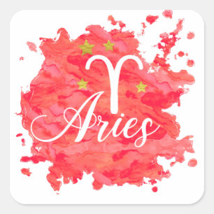 Zodiaa Aries Red Waterverf Gold Stars Sign Vierkante Sticker