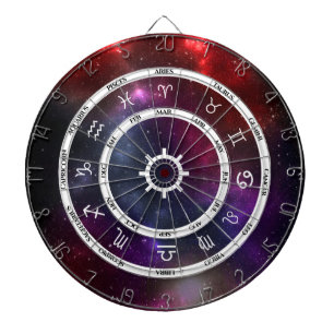 Zodiabetische astrologische symbolen op een kosmis dartbord
