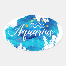 Zodiac Aquarius Blue Waterverf gouden sterren Ovale Sticker
