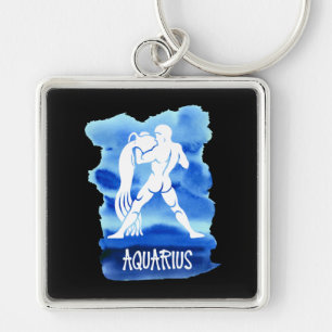 Zodiac Aquarius Stylized Sign Blue Waterverf Sleutelhanger