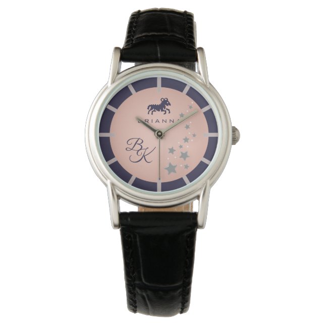 Zodiac Aries Elegant Rosé Dark Blue Monogrammed Horloge (Voorkant)