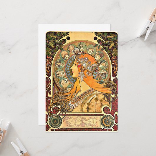 Zodiac, Art Nouveau schilderij van Alphonse Mucha Kaart (Voorkant / Achterkant in situ)