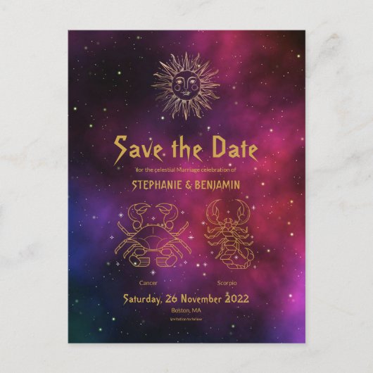 Zodiac Burgundy Cancer Scorpio Gold Save the Date Aankondigingskaart (Voorkant)