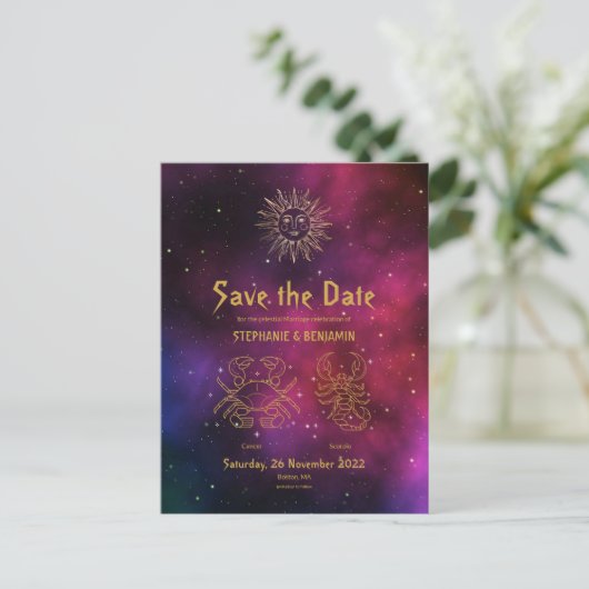 Zodiac Burgundy Cancer Scorpio Gold Save the Date Aankondigingskaart (Staand voorkant)