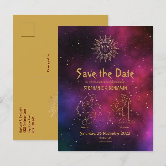 Zodiac Burgundy Gemini Aquarius Gold Save the Date Aankondigingskaart (Voorkant / Achterkant)