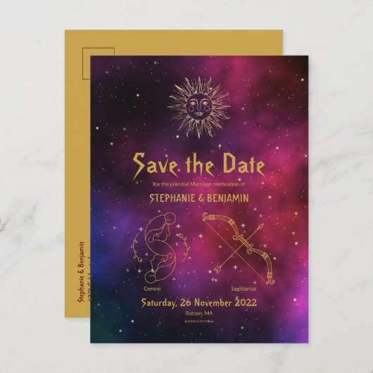 Zodiac Burgundy Gemini Sagittarius Save the Date Aankondigingskaart (Voorkant / Achterkant)
