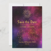 Zodiac Burgundy Gold Gemini/Leo celestial Modern Save The Date (Voorkant)