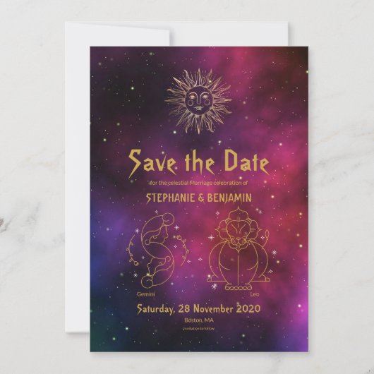 Zodiac Burgundy Gold Gemini/Leo celestial Modern Save The Date (Voorkant)