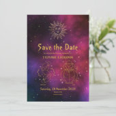 Zodiac Burgundy Gold Gemini/Leo celestial Modern Save The Date (Staand voorkant)