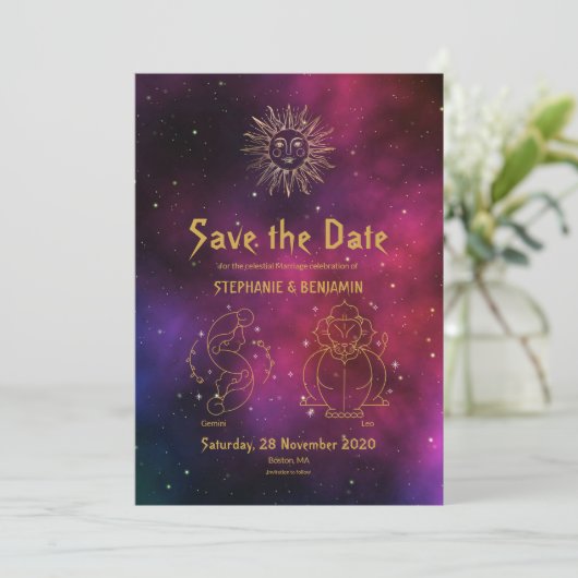 Zodiac Burgundy Gold Gemini/Leo celestial Modern Save The Date (Staand voorkant)