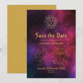 Zodiac Burgundy Gold Gemini/Leo celestial Modern Save The Date (Voorkant / Achterkant)