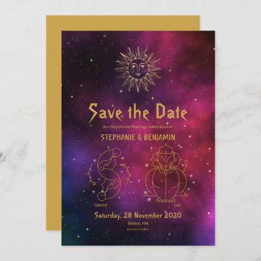 Zodiac Burgundy Gold Gemini/Leo celestial Modern Save The Date (Voorkant / Achterkant)