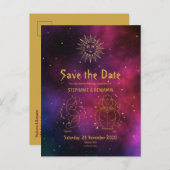 Zodiac Burgundy Gold Gemini/Leo Save the Date Aankondigingskaart (Voorkant / Achterkant)