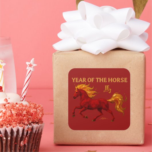 Zodiac Chinese New Year 2026 Yang Fire Horse Vierkante Sticker (Feest)