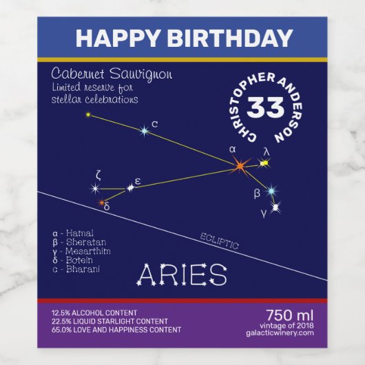 Zodiac Constellation Aries Wijn Etiket (Enkel label)