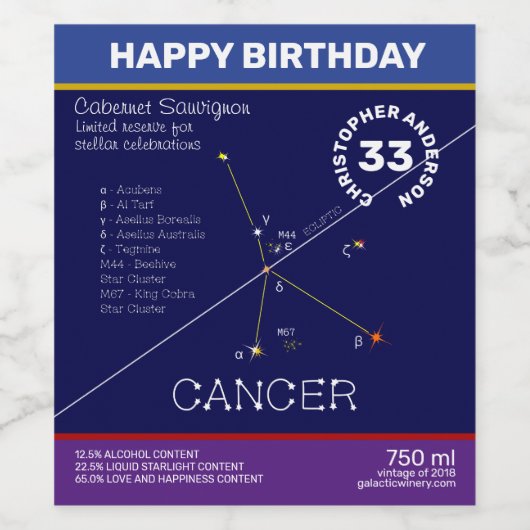 Zodiac Constellation Cancer Wijn Etiket (Enkel label)