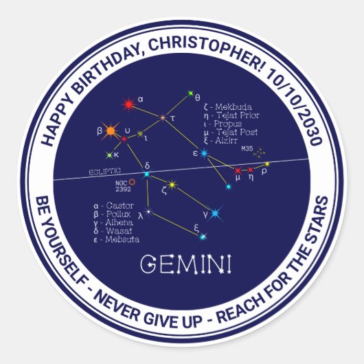 Zodiac Constellation Gemini Ronde Sticker (Voorkant)