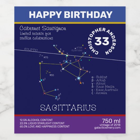 Zodiac Constellation Sagittarius Wijn Etiket (Enkel label)