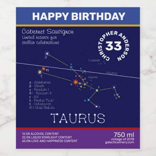 Zodiac Constellation Taurus Wijn Etiket (Enkel label)