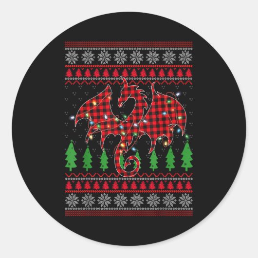 Zodiac Dragon Ugly Sweater Christmas Lights Dragon Ronde Sticker (Voorkant)