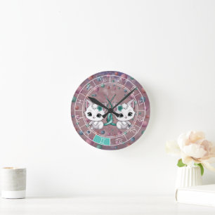 Zodiac Gemini Schattige Cat Wheel Planet Astrologi Ronde Klok
