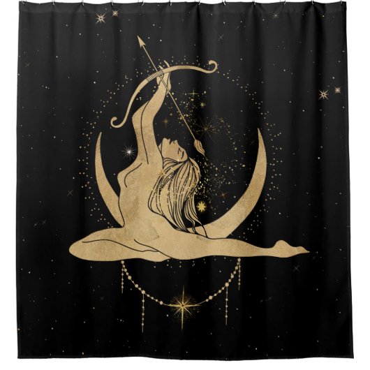 Zodiac Goddess | Kosmische gouden Boogschutter Ast Douchegordijn (Voorkant)