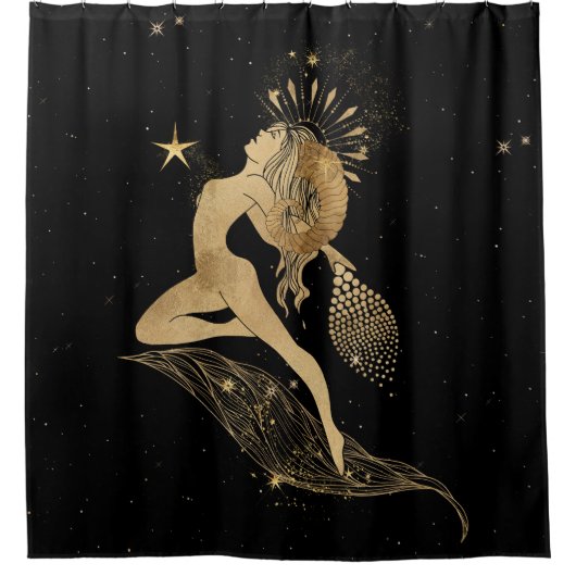 Zodiac Goddess | Kosmische gouden Ram Astrologie Douchegordijn (Voorkant)