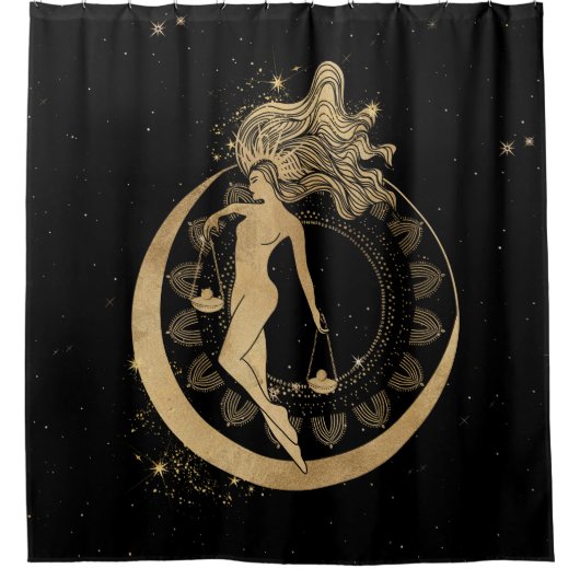 Zodiac Goddess | Kosmische gouden Weegschaal Astro Douchegordijn (Voorkant)