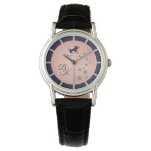 Zodiac Leo Elegant Rosé Roze Blauwe Monogrammen Horloge