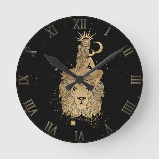 Zodiac Leo | Grote kosmische goud- en zwarte astro Ronde Klok (Voorkant)