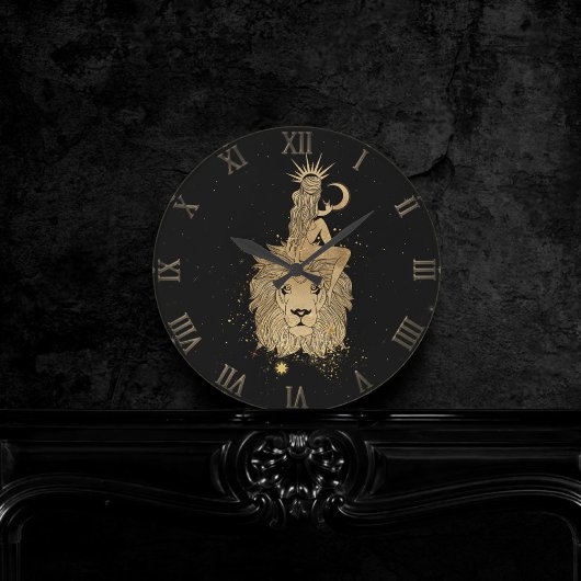 Zodiac Leo | Grote kosmische goud- en zwarte astro Ronde Klok