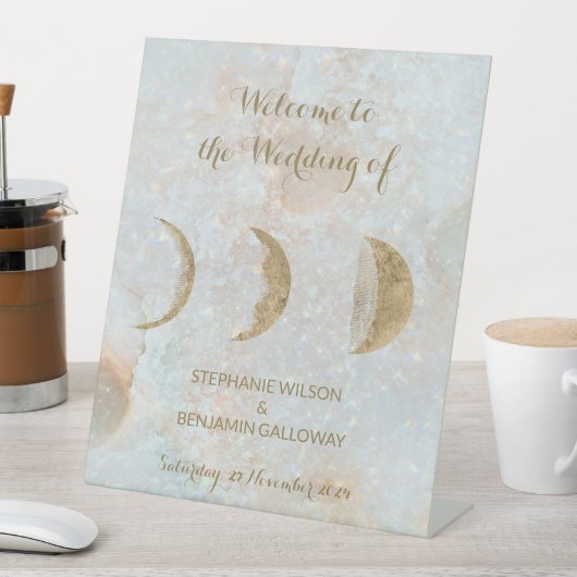 Zodiac maan hemelgoud elegante platte bruiloft reclamebord met voetstuk (Insitu)