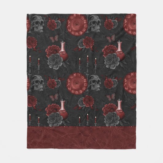Zodiac Magic Crimson | Henna Red Gothic Skull Roos Fleece Deken (Voorkant)
