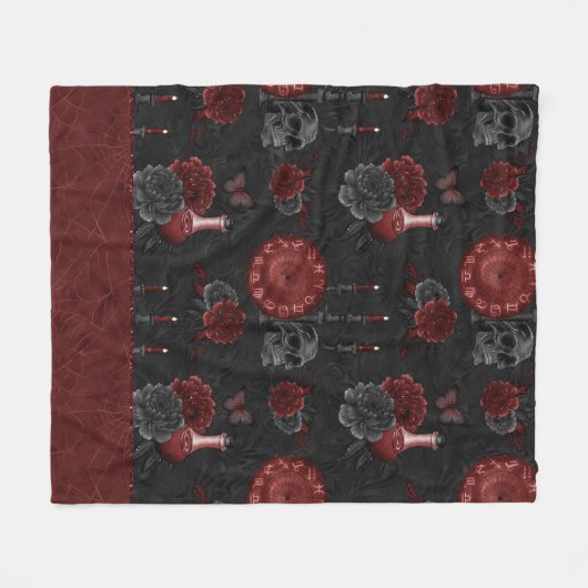 Zodiac Magic Crimson | Henna Red Gothic Skull Roos Fleece Deken (Voorkant (Horizontaal))