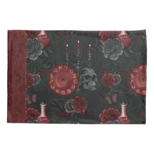 Zodiac Magic Crimson | Henna Red Gothic Skull Roos Kussensloop (Achterkant)