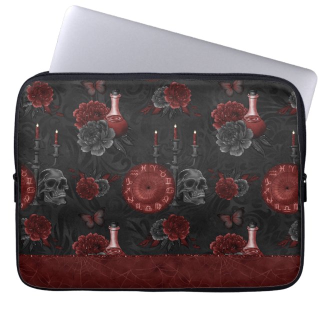 Zodiac Magic Crimson | Henna Red Gothic Skull Roos Laptop Sleeve (Voorkant)