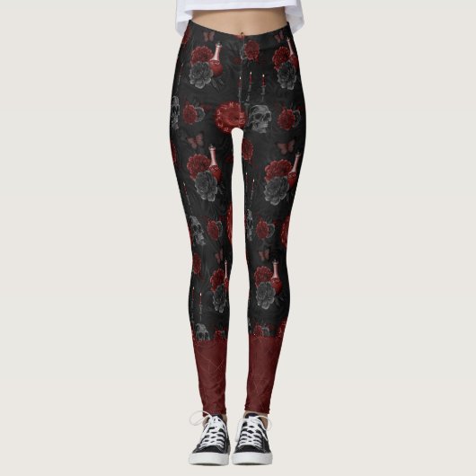 Zodiac Magic Crimson | Henna Red Gothic Skull Roos Leggings (Voorkant)