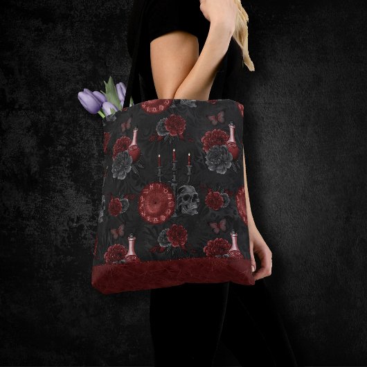 Zodiac Magic Crimson | Henna Red Gothic Skull Roos Tote Bag