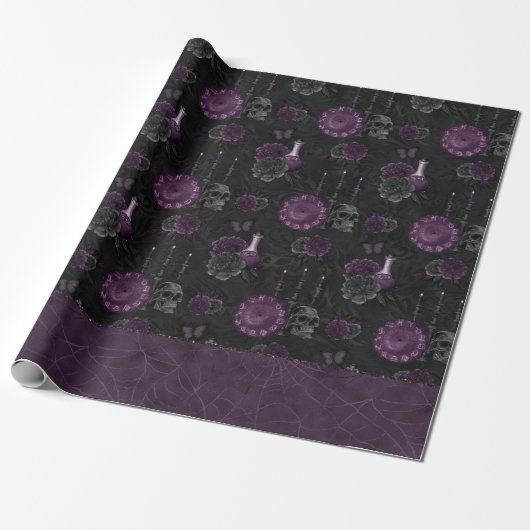 Zodiac Magic | Donker Paarse Plum Gothic Skull Roz Cadeaupapier (Uitgerold)