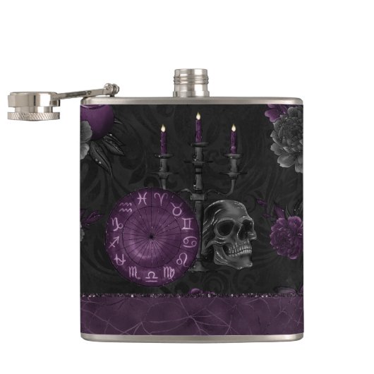 Zodiac Magic | Donker Paarse Plum Gothic Skull Roz Heupfles (Geopend)