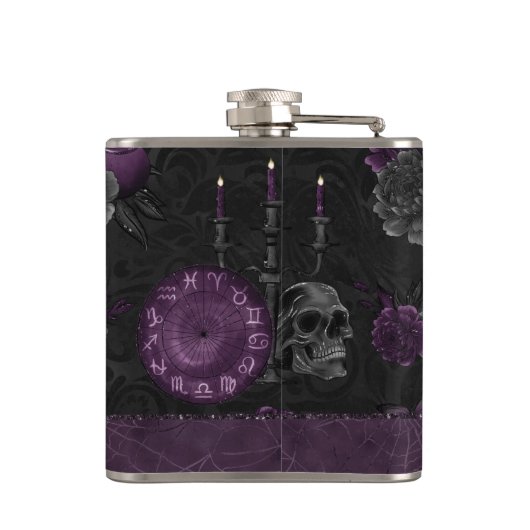 Zodiac Magic | Donker Paarse Plum Gothic Skull Roz Heupfles (Achterkant)