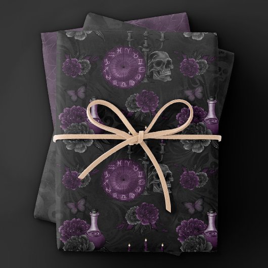 Zodiac Magic | Donker Paarse Plum Gothic Skull Roz Inpakpapier Vel