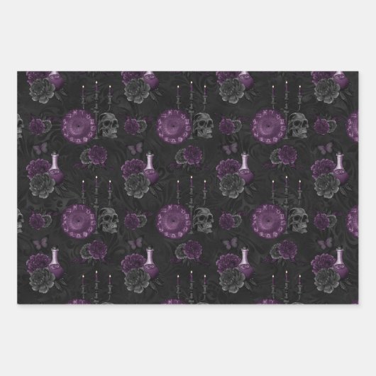 Zodiac Magic | Donker Paarse Plum Gothic Skull Roz Inpakpapier Vel (Voorkant)