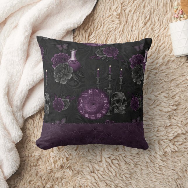 Zodiac Magic | Donker Paarse Plum Gothic Skull Roz Kussen (Deken)